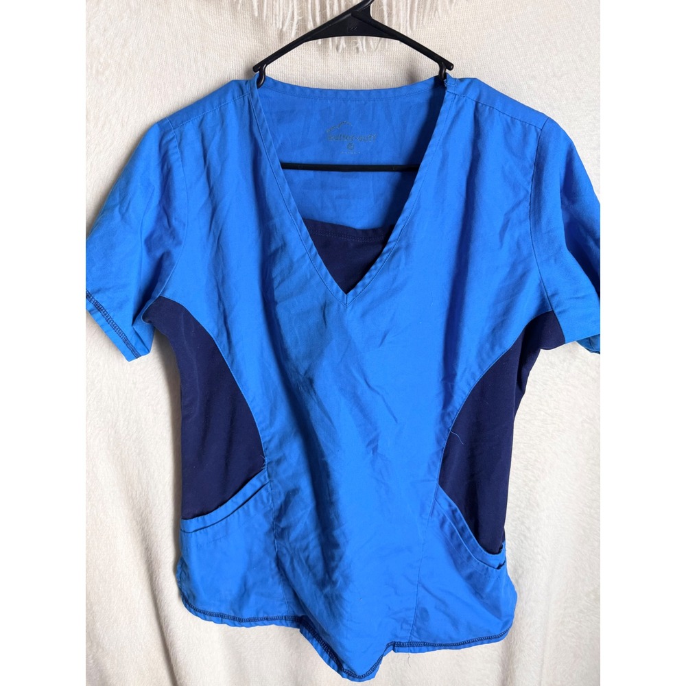 Butter-Soft Blue Colorblock V-Neck Scrub Top Womens Medium Short Sleeve Stretch